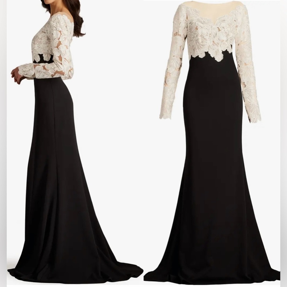 NEW Tadashi Shoji Black Ivory Floral Lace Bodice Long Sleeve Gown Sz 14 - Picture 2 of 12